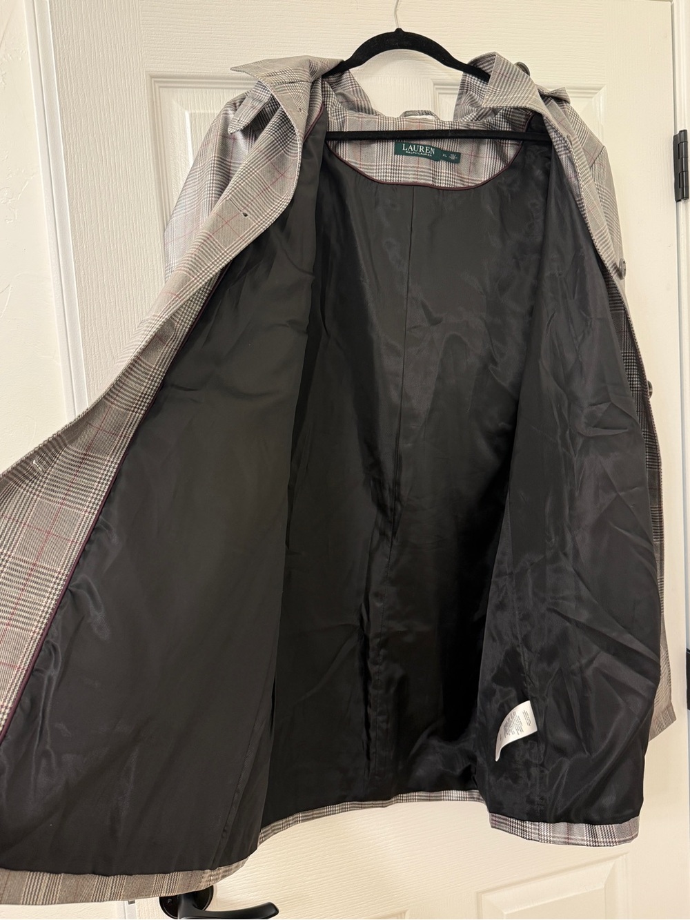 Lauren Ralph Lauren Grey Plaid Hooded Rain Shell Trench Coat XL - Picture 11 of 13